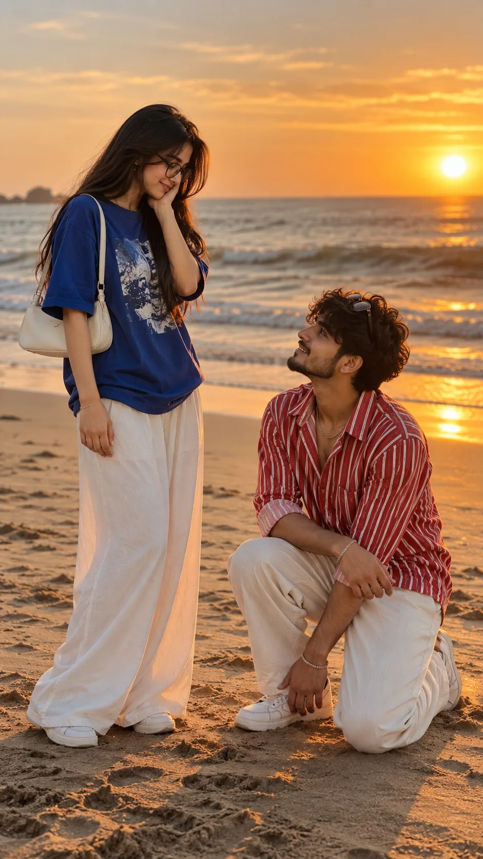 Create an ultra-realistic, cinematic full-body photograph of a young adult South Asian couple on a beautiful sandy beach during golden-hour
