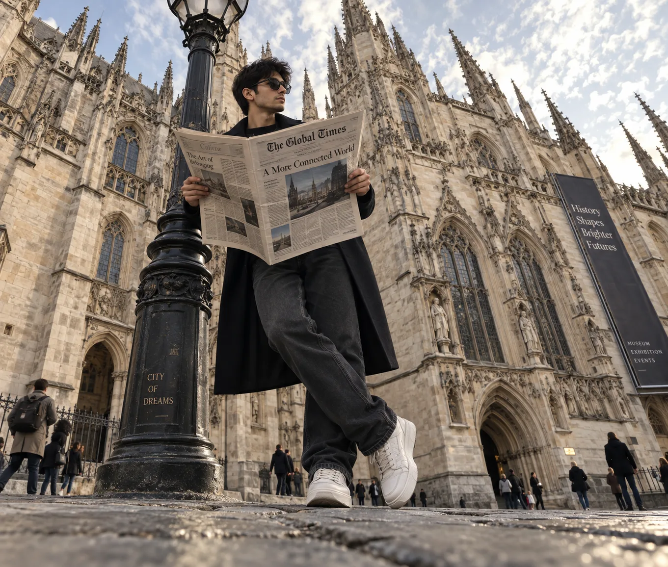 Convert into a hyper-realistic editorial street fashion photograph of a male(face exactly same as the reference image) supermodel holding