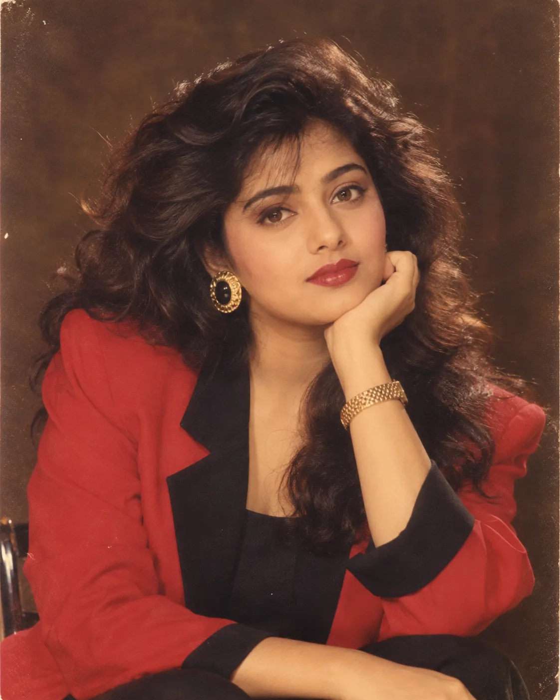 > Create a highly realistic vertical 4:5 cinematic vintage 1980s/early-1990s Indian romantic fashion photograph featuring the same young