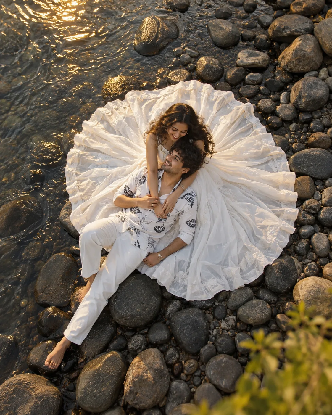 Ultra-realistic romantic couple photoshoot on a rocky riverbank during golden hour, aerial top-down drone perspective.