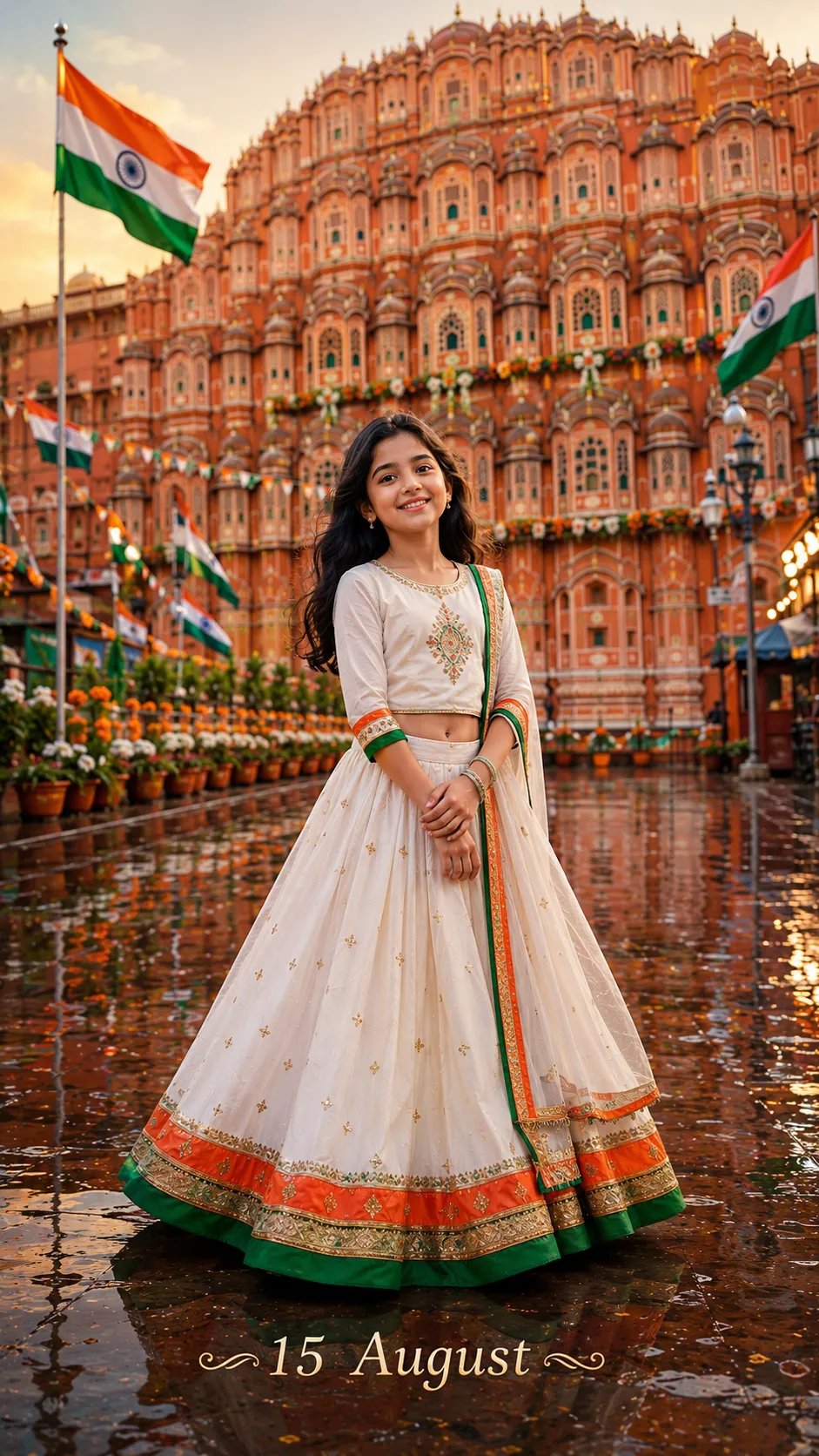 Ultra-realistic portrait of a smiling Indian girl aged around 9 wearing a beautiful white lehenga with subtle saffron and green borders,