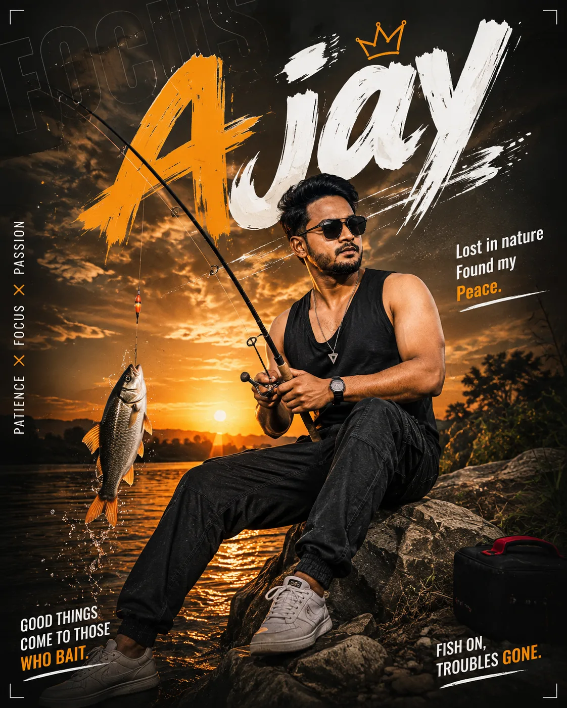Create a premium 3:4 vertical cinematic fishing poster using the provided reference photo as the identity reference for the male subject.