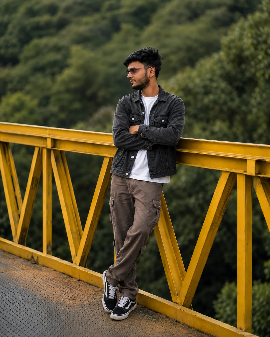 Create a highly realistic, cinematic outdoor fashion portrait inspired by the uploaded reference image.