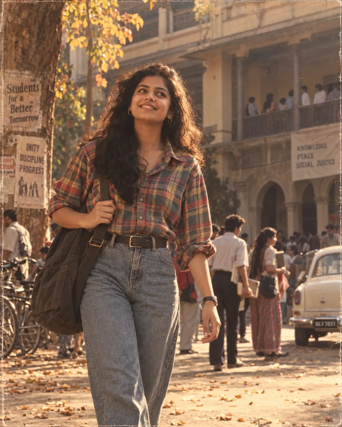 Create an ultra-realistic cinematic 1980s-inspired Inc college film still of a young South Asian woman walking through a lively vintage