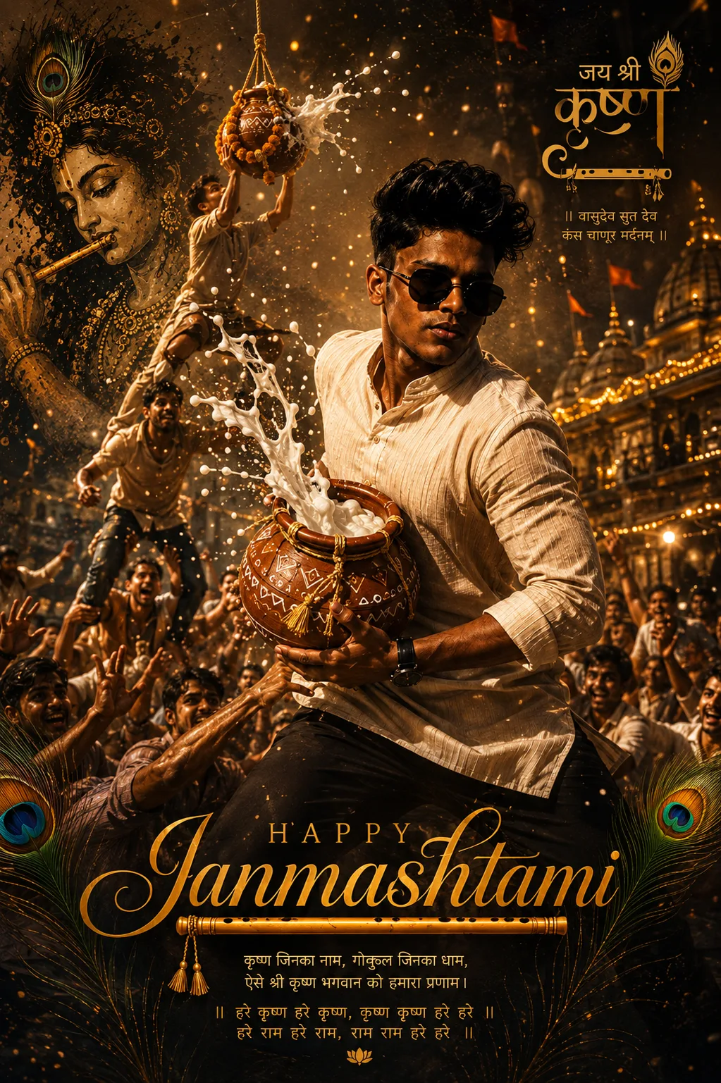 Create an epic cinematic Janmashtami festival poster, vertical 9:16 composition.