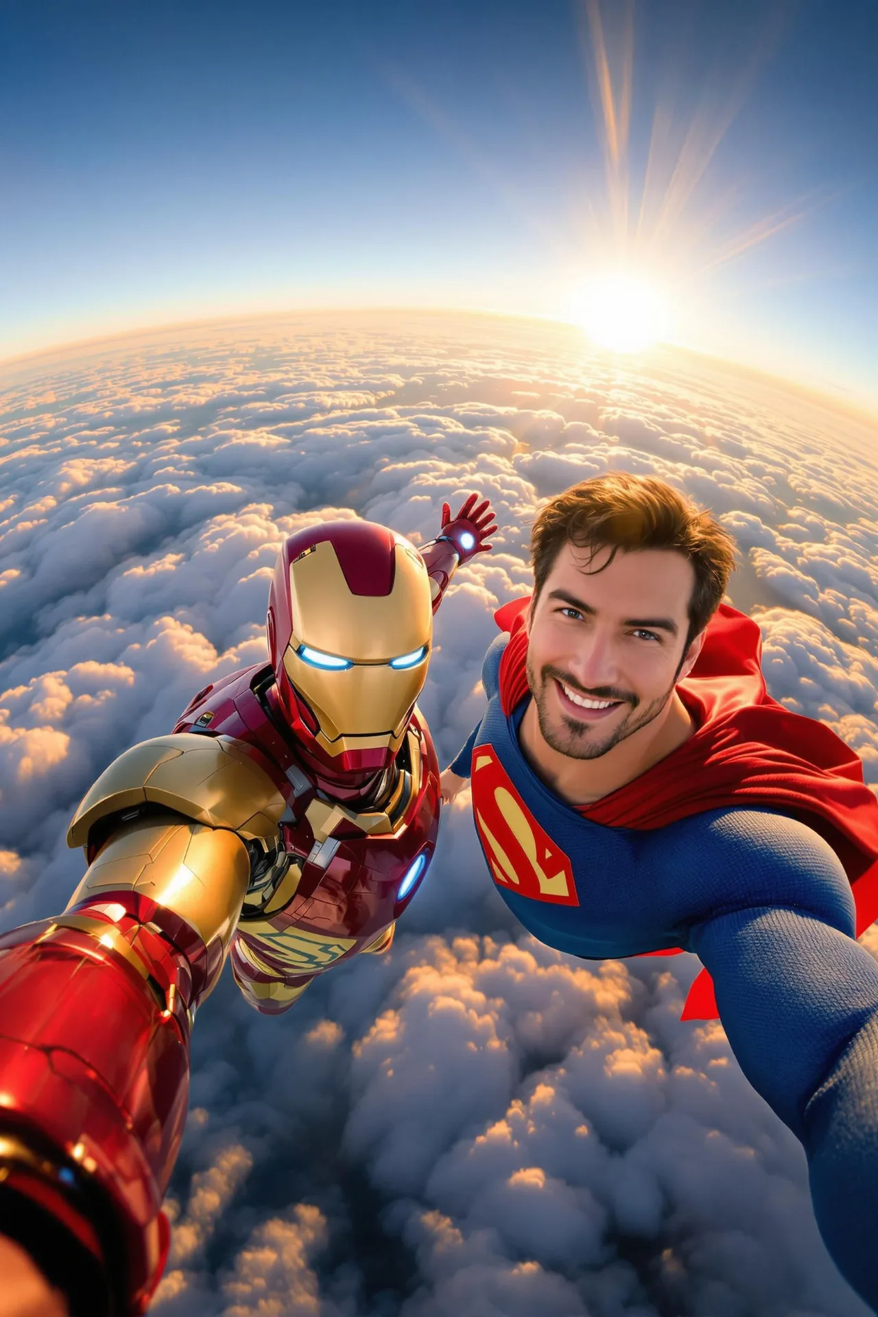 A high-angle, wide-angle selfie photograph taken from the perspective of Iron Man, capturing him in mid-air flight above a sea of soft,