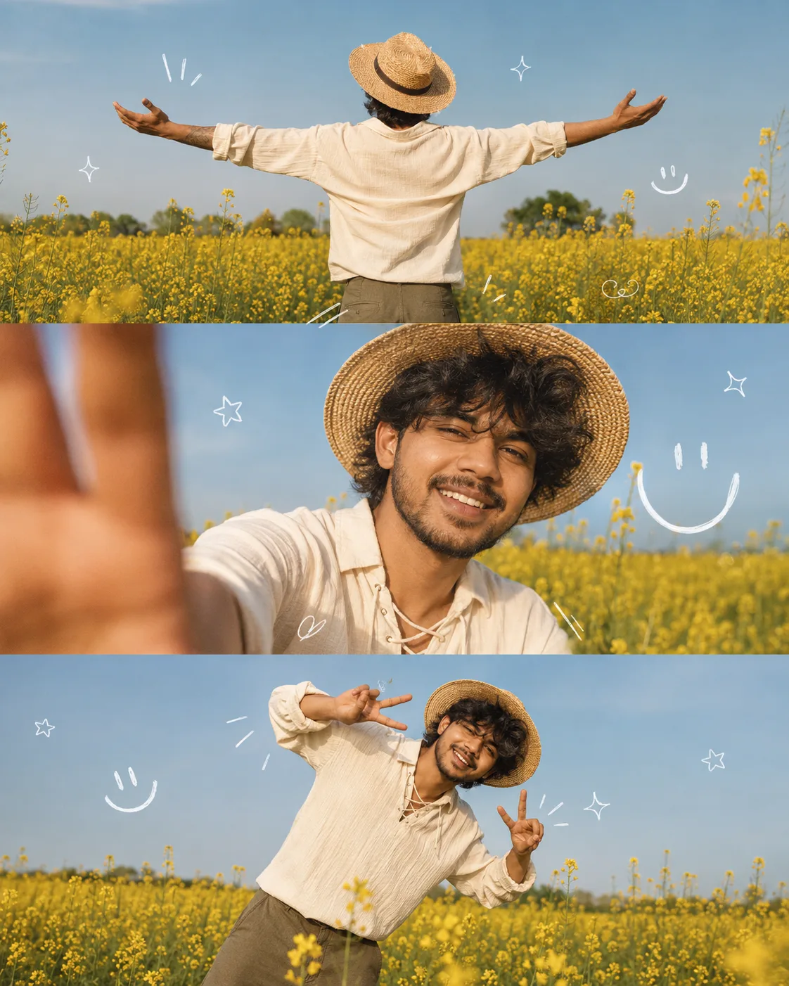 A high-quality 3-panel vertical photo collage of a handsome uploaded man with stylish medium weavy hair, wearing a cream-colored lace-up