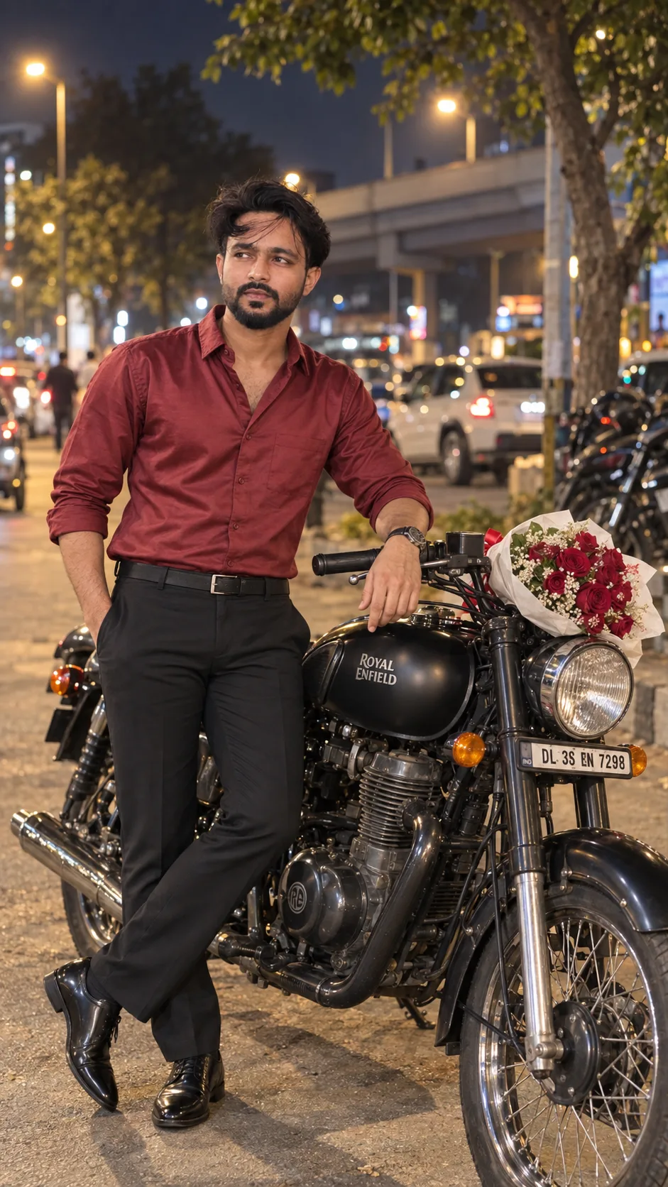 Create a highly realistic cinematic full-body fashion portrait of a stylish young Indian man standing casually beside a classic black retro