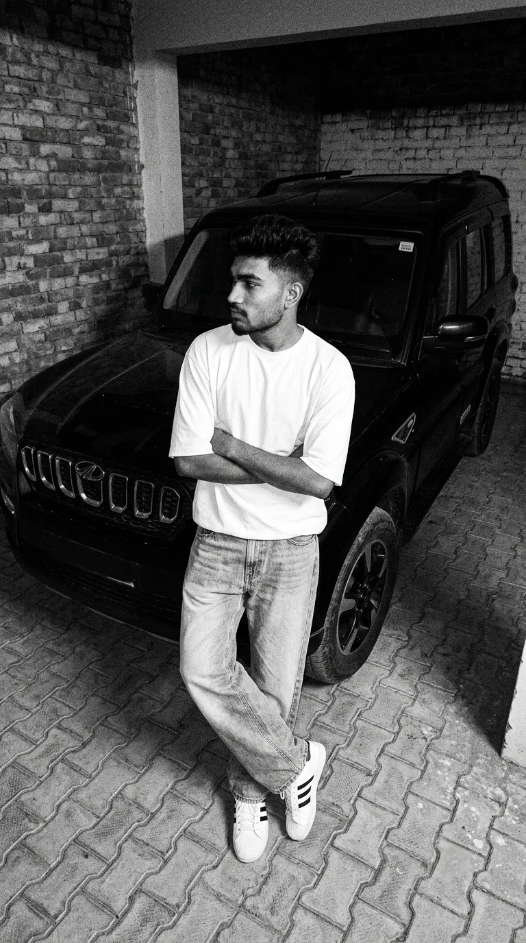 Black and White Full-Length Portrait of Young Man Leaning on Black SUV