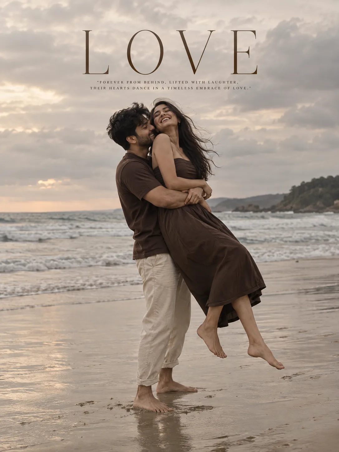 HIGH-RESOLUTION, ROMANTIC COUPLE PORTRAIT ON A WIDE SANDY BEACH UNDER A SOFT, OVERCAST SKY.