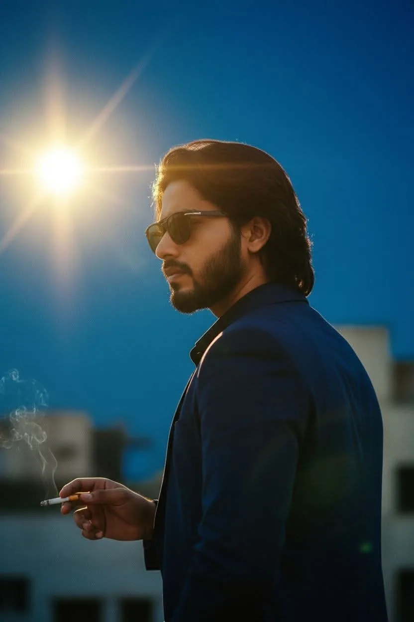 Prompt: > A cinematic, medium side-profile portrait of a stylish South Asian man with medium-length dark hair and a neat beard, wearing a