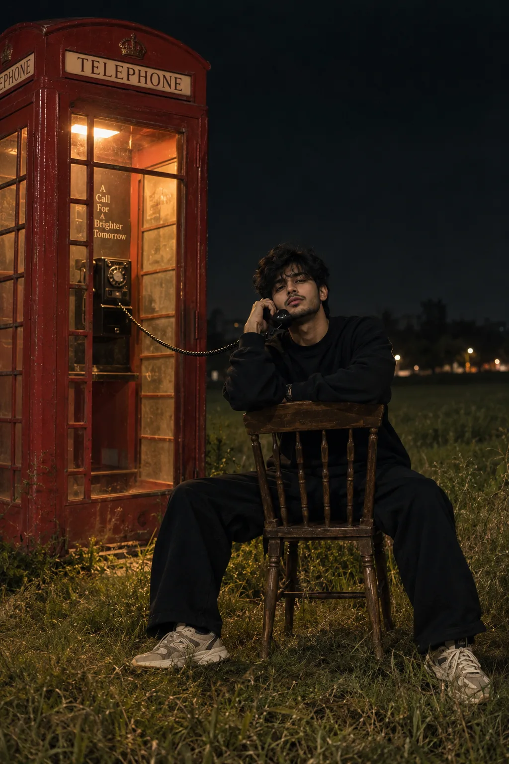 Create an ultra-photorealistic cinematic night photograph of a young South Asian man sitting backwards on a vintage wooden chair in a