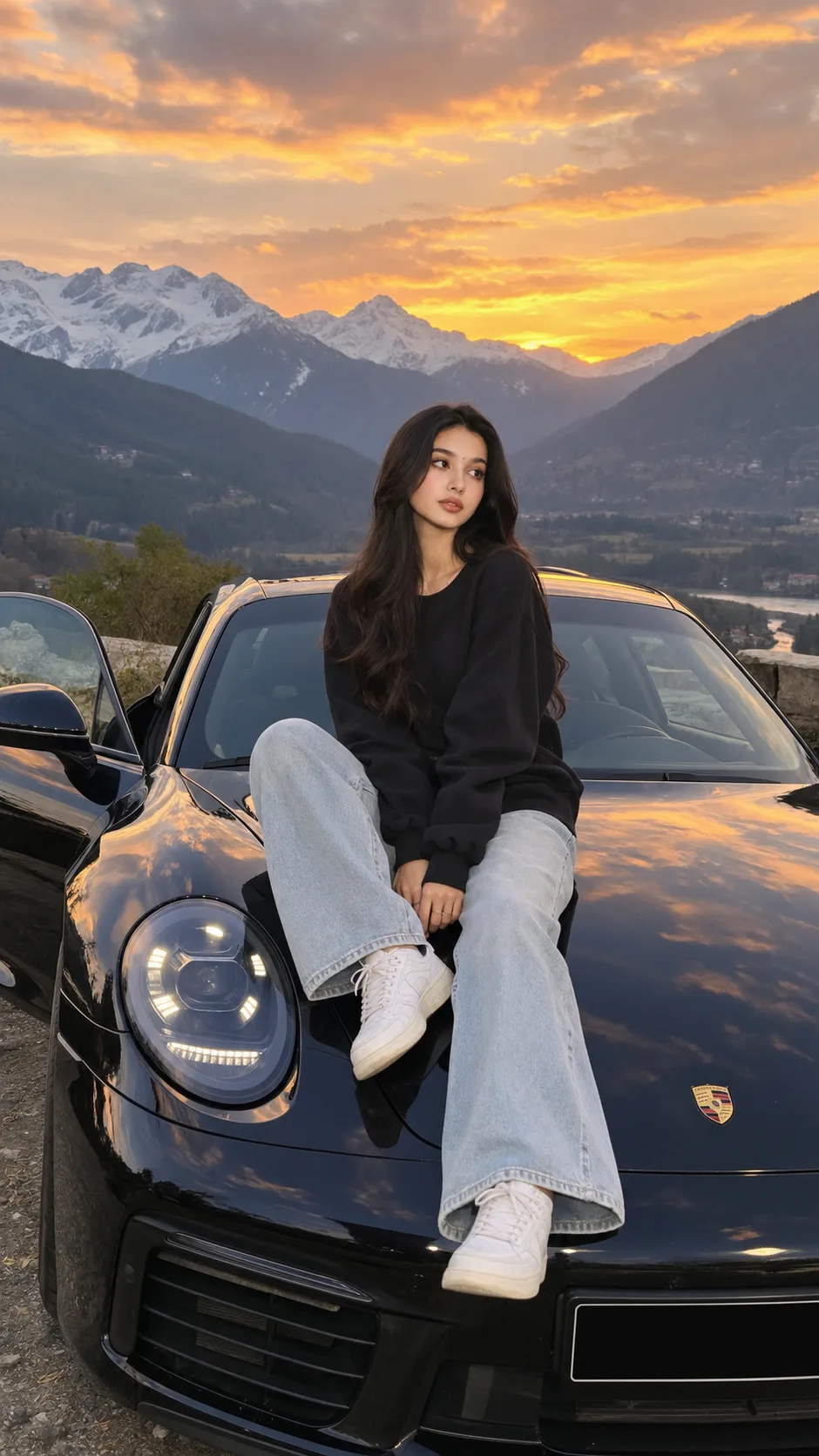 @officialkajal.55 Prompt: Ultra-realistic cinematic travel photograph of a young South Asian woman sitting casually on the hood of a