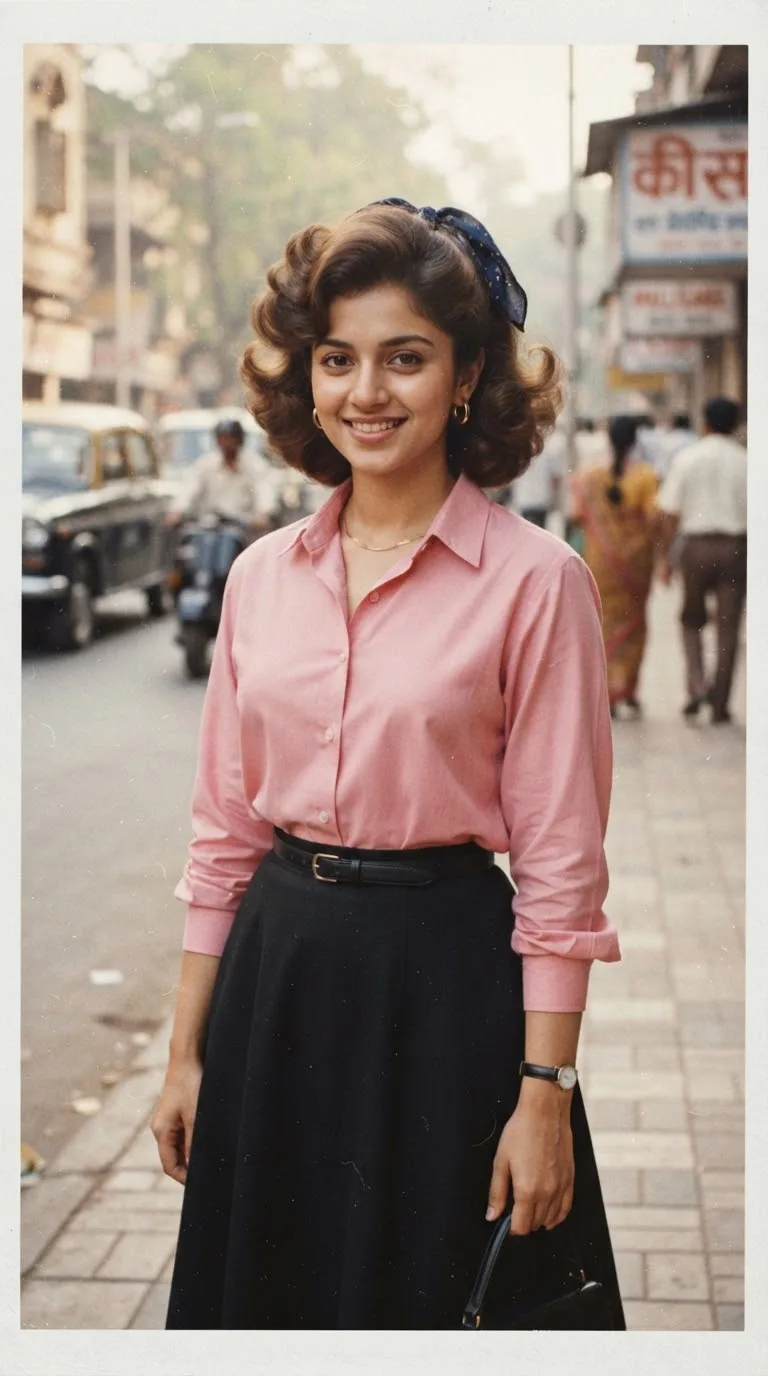 Transform my photo into an authentic 1980s retro Indian fashion portrait, inspired by the reference image.