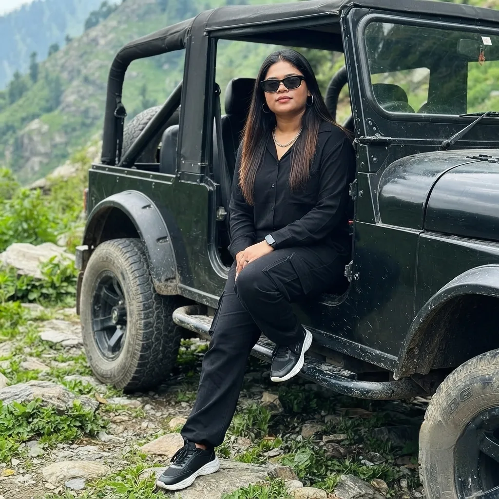 Create a photorealistic high-resolution portrait of the same stylish young South Asian woman sitting casually on the side of the same