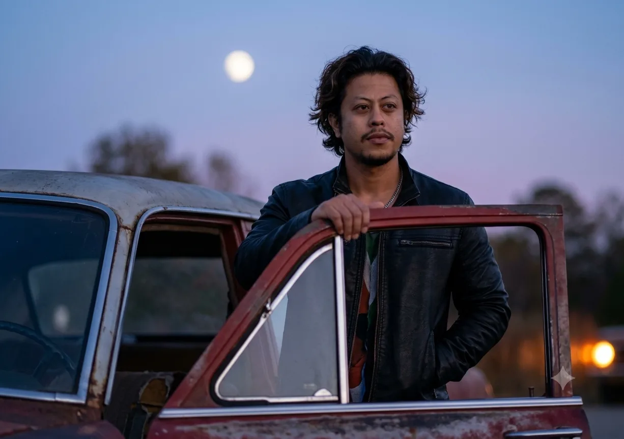 SAME IMAGE A MEDIUM SHOT FRAMES A YOUNG LATINO MAN IN HIS EARLY 20S WITH MODEL-LIKE FACIAL FEATURES STANDING BEHIND A WEATHERED VINTAGE