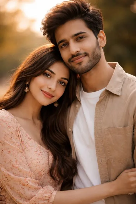 A close-up, heartwarming photorealistic portrait of a young South Asian couple.