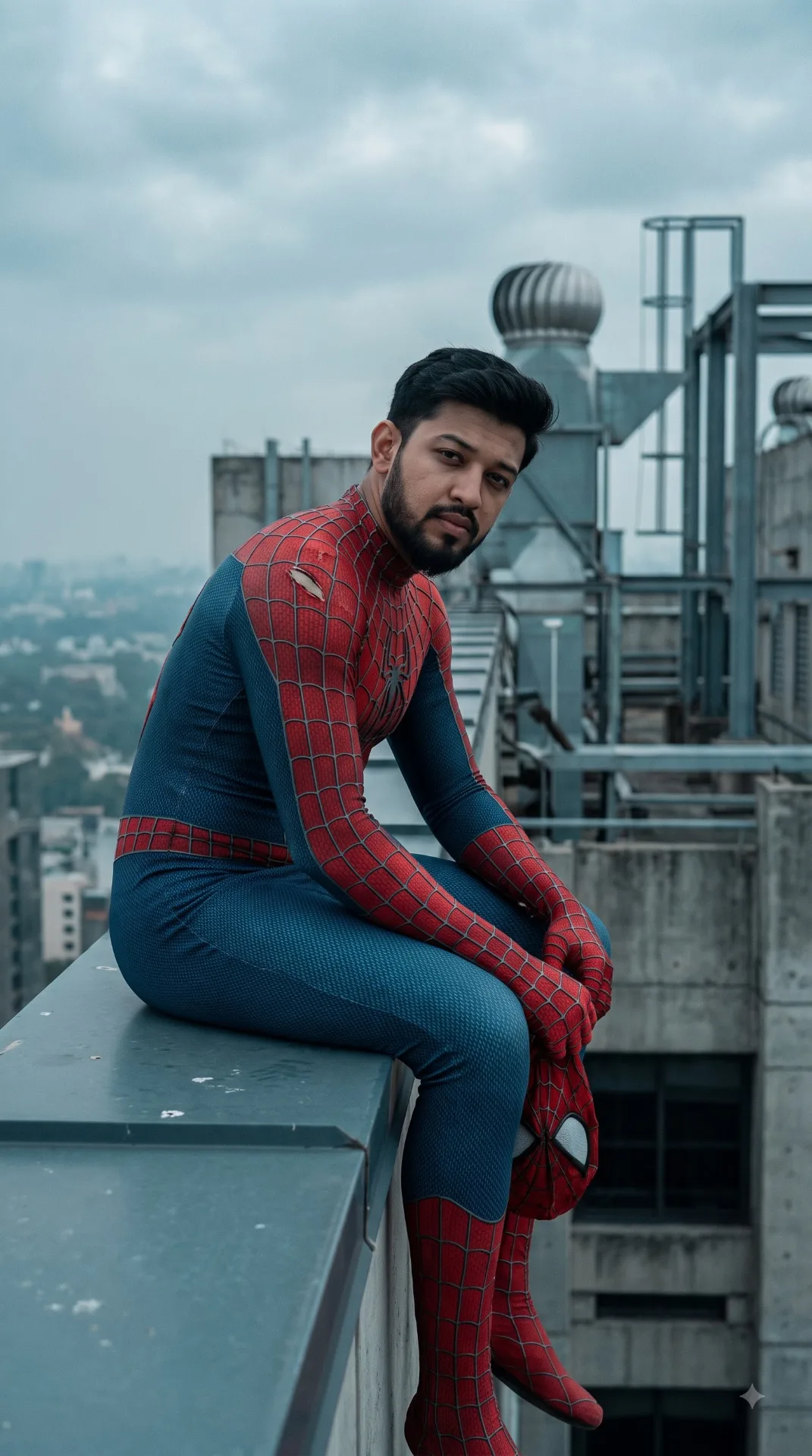 A superhero in a red and blue spider suit sits on the edge of a skyscraper rooftop, frontal view, camera at eye level, waist-length medium