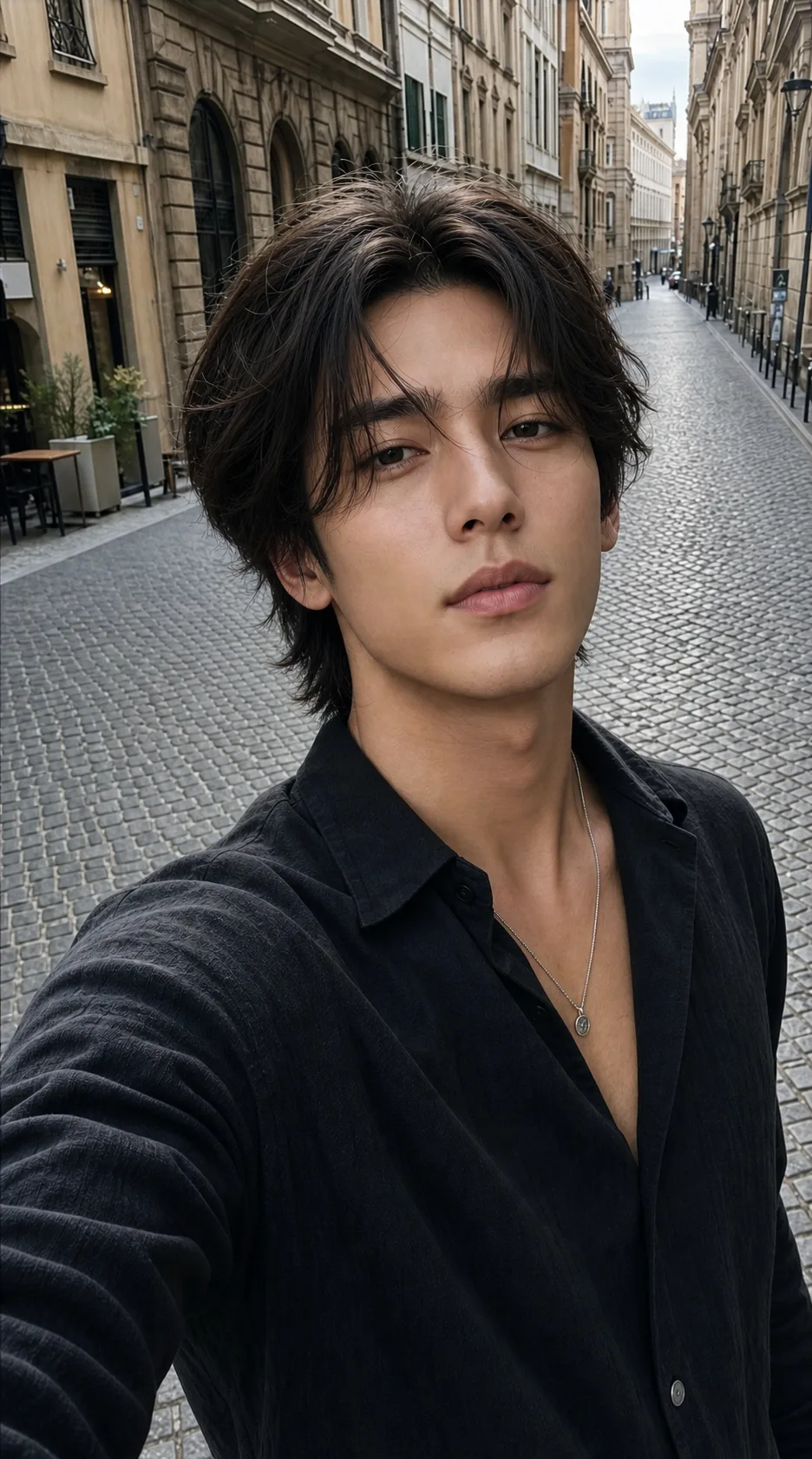 Create a high-end ultra-realistic lifestyle portrait of a young adult man photographed outdoors in a European-style pedestrian street.