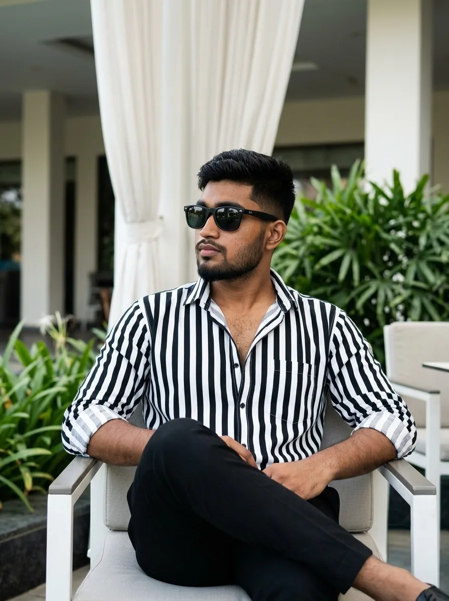 Detailed AI Image Prompt Vertical 3:4 seated lifestyle portrait of a young man posing casually on an outdoor patio chair.