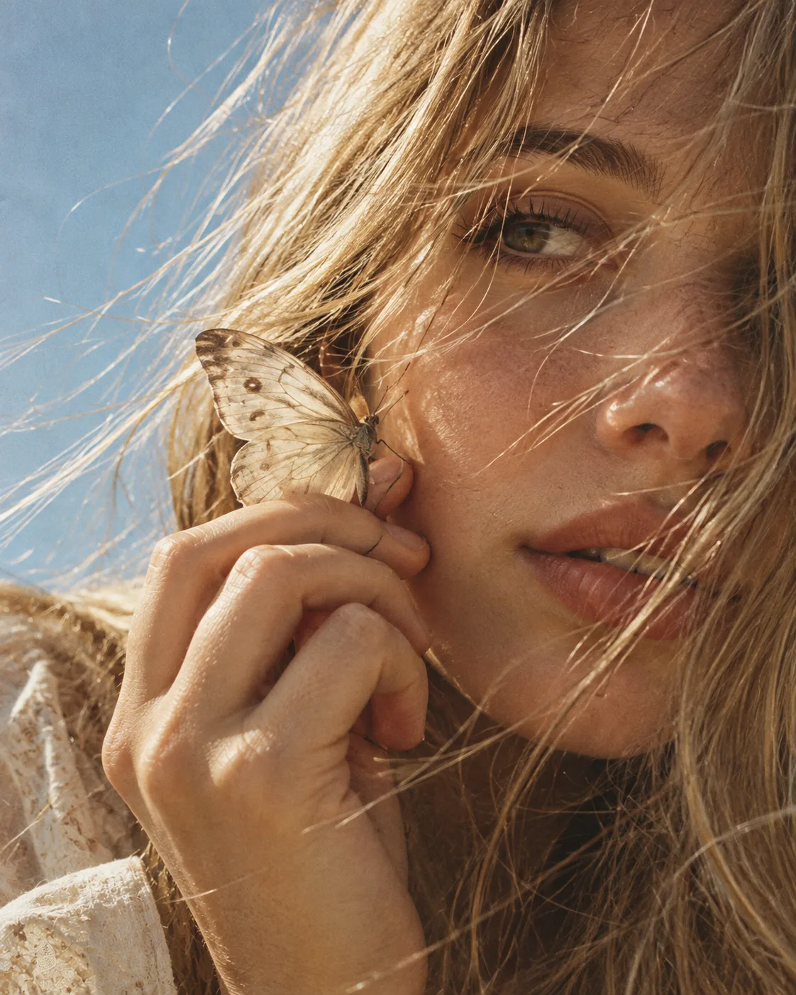 Ultra-realistic editorial fashion portrait, vertical composition, extreme close-up beauty photography, dreamy 1970s–1990s analog film
