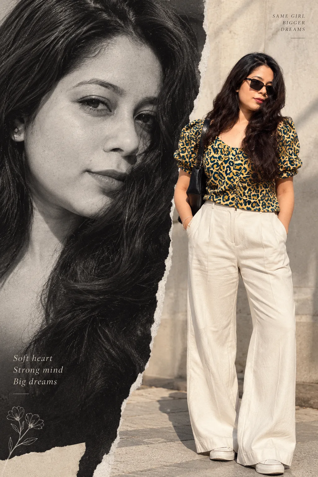 Create a premium ultra-realistic fashion editorial collage featuring a beautiful young South Asian woman with a distinctive natural face,