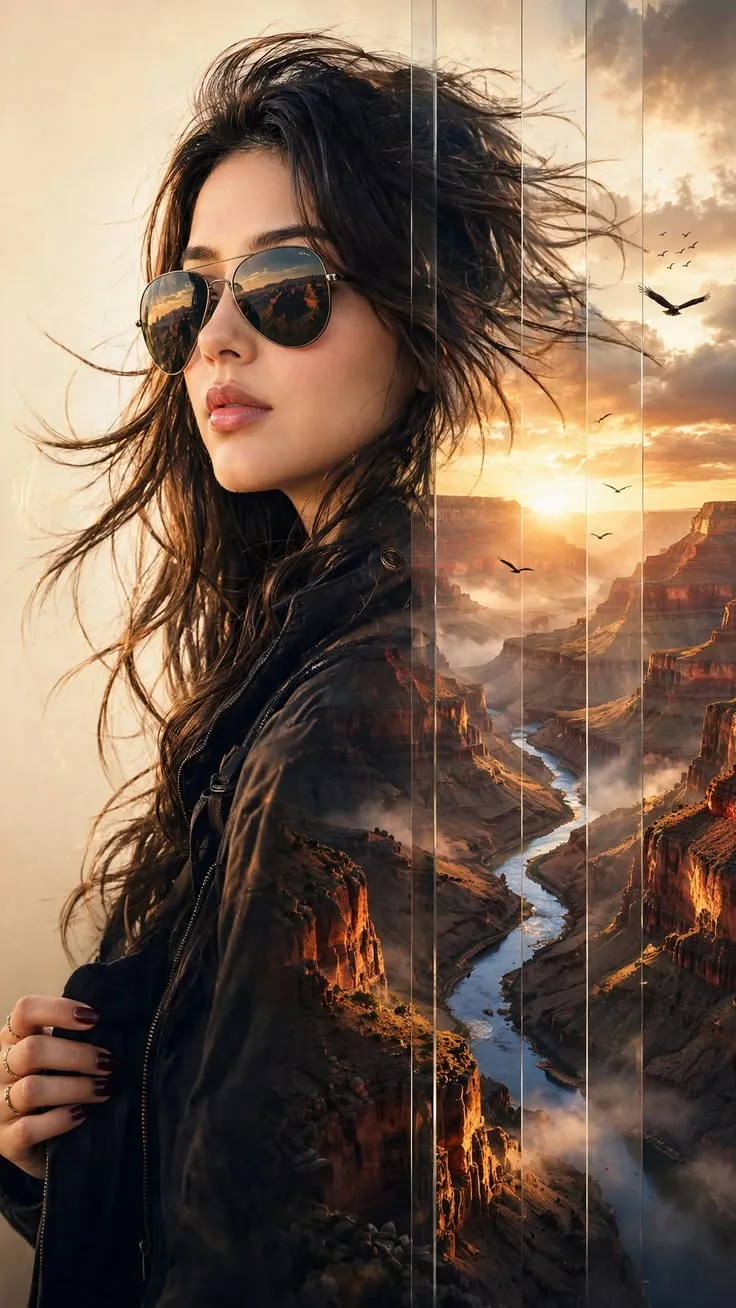 A cinematic double exposure and multi-panel slice portrait of a beautiful woman with long, wind-blown wavy brunette hair, wearing aviator