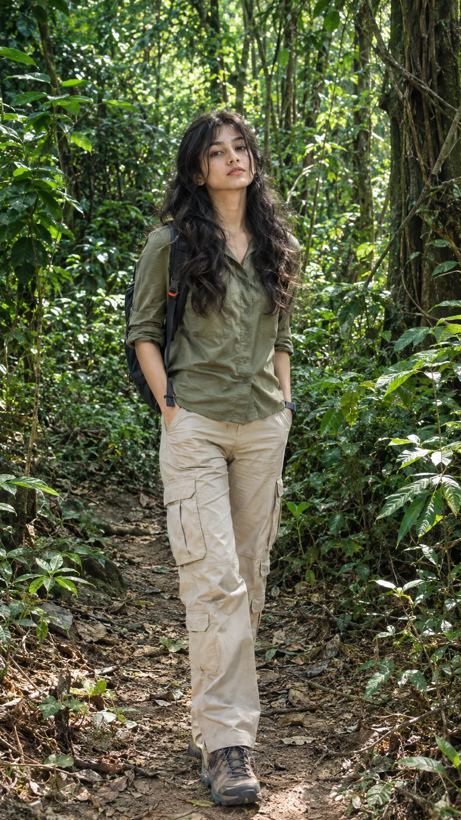 Ultra realistic full body photograph of a young woman standing in a dense green jungle during daytime, shot on a real DSLR camera.