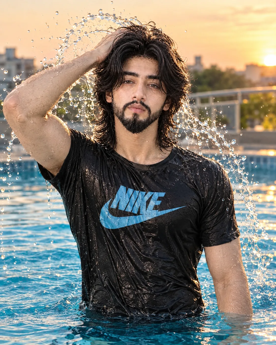 A waist-up, medium-close-up photograph capturing a man standing waist-deep in a bright blue rooftop swimming pool.