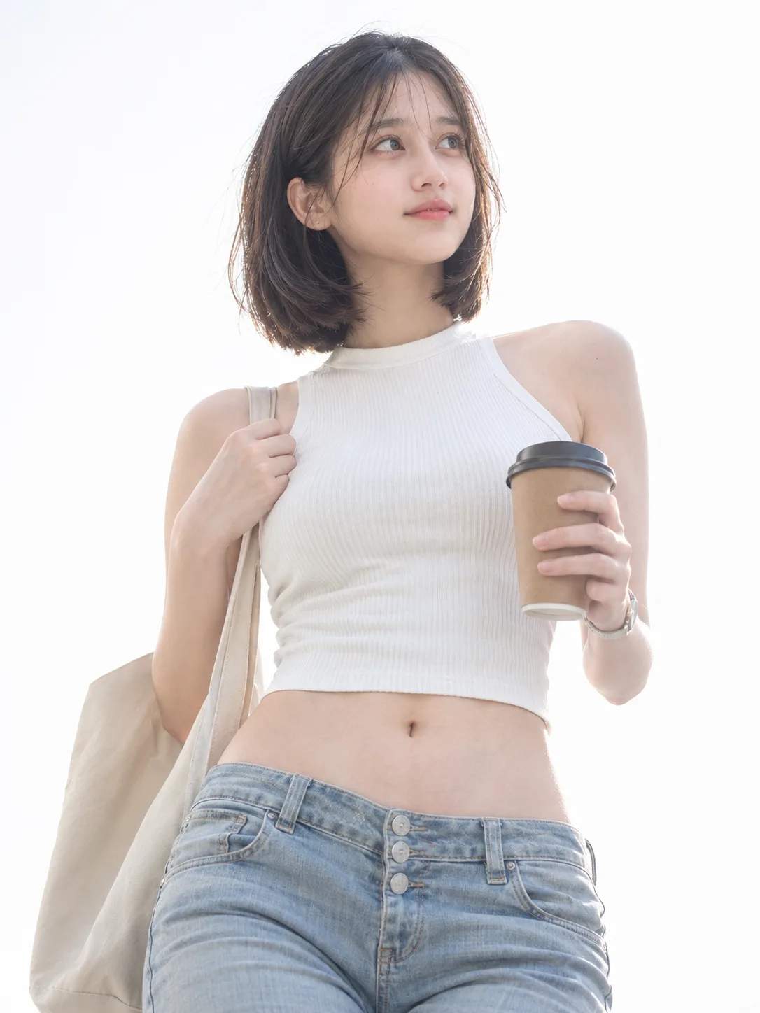 Ultra realistic photograph of a young woman in her 20s standing against a pure white to pale gray-white high-key background, photographed