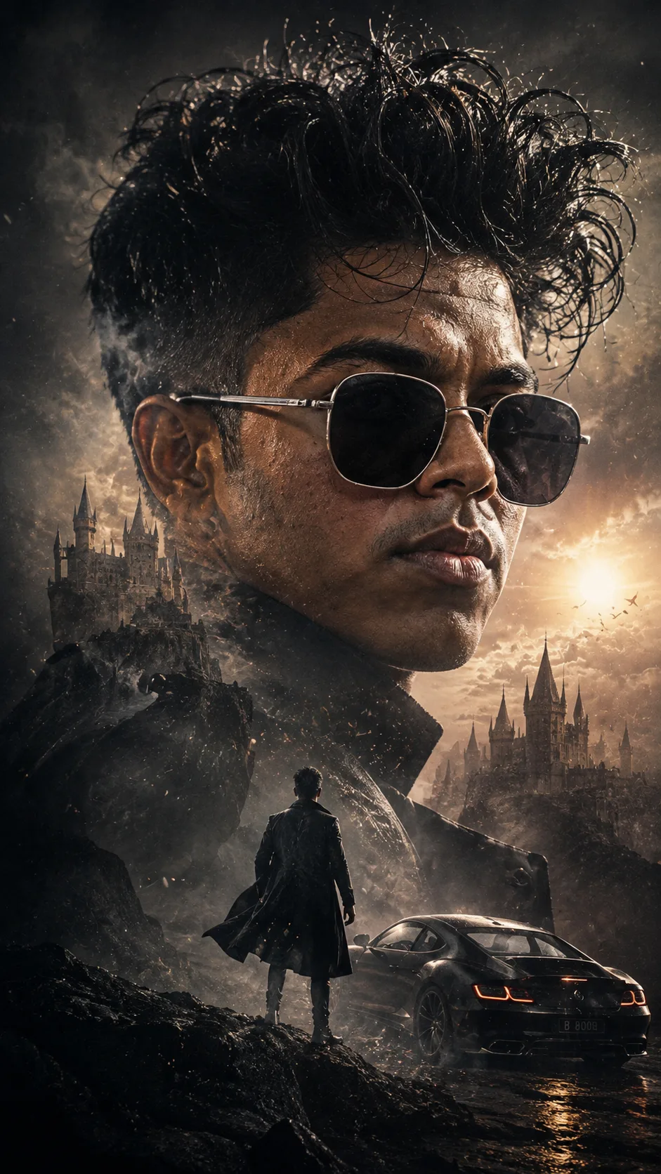 This ultra-cinematic dark fantasy poster is automatically generated using (face and hairstyle from the uploaded reference photo) as its