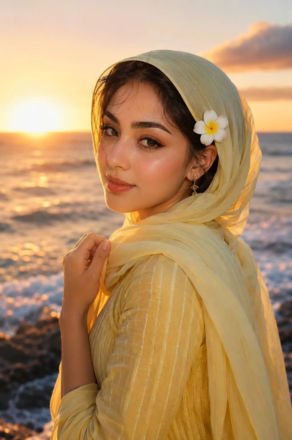 Ultra-realistic cinematic portrait of a young woman at a seashore during golden hour sunset, three-quarter upper-body composition, body