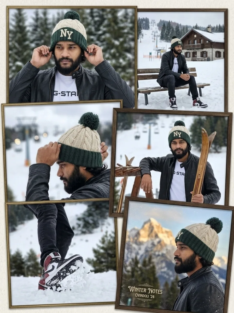 **Prompt:** A stylish photo collage of a handsome young South Asian man with a full dark beard and mustache, in a snowy mountain ski resort