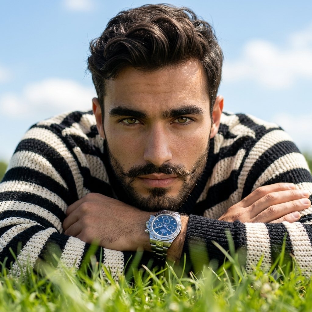 Image created on Gpt 2 Prompt: Ultra-realistic luxury fashion portrait of a rugged, handsome mature male model with intense hazel eyes,