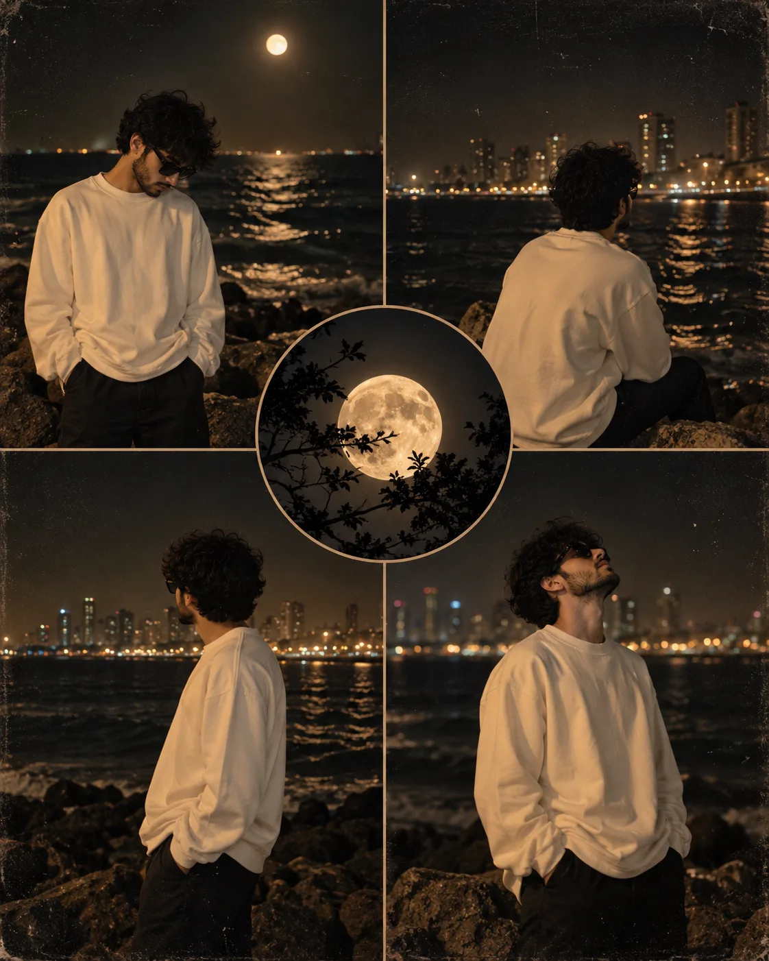 A cinematic, moody, vintage-style night photography collage of a young man with curly hair and a light beard, wearing black sunglasses and