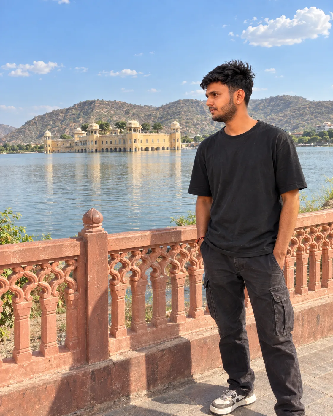 πΈ Exact Image Generation Prompt Create an ultra-realistic cinematic travel portrait of a young adult South Asian man standing beside a