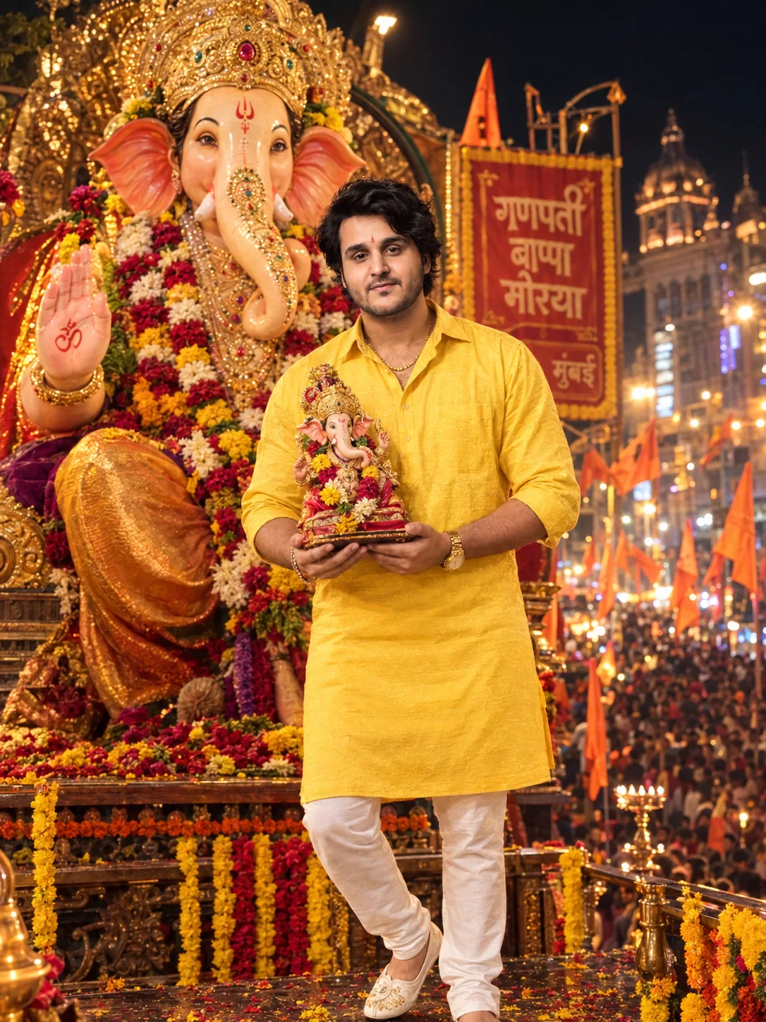 Ultra-realistic cinematic nighttime Ganapati Utsav portrait of the SAME young Indian man from the uploaded reference image, using it as the