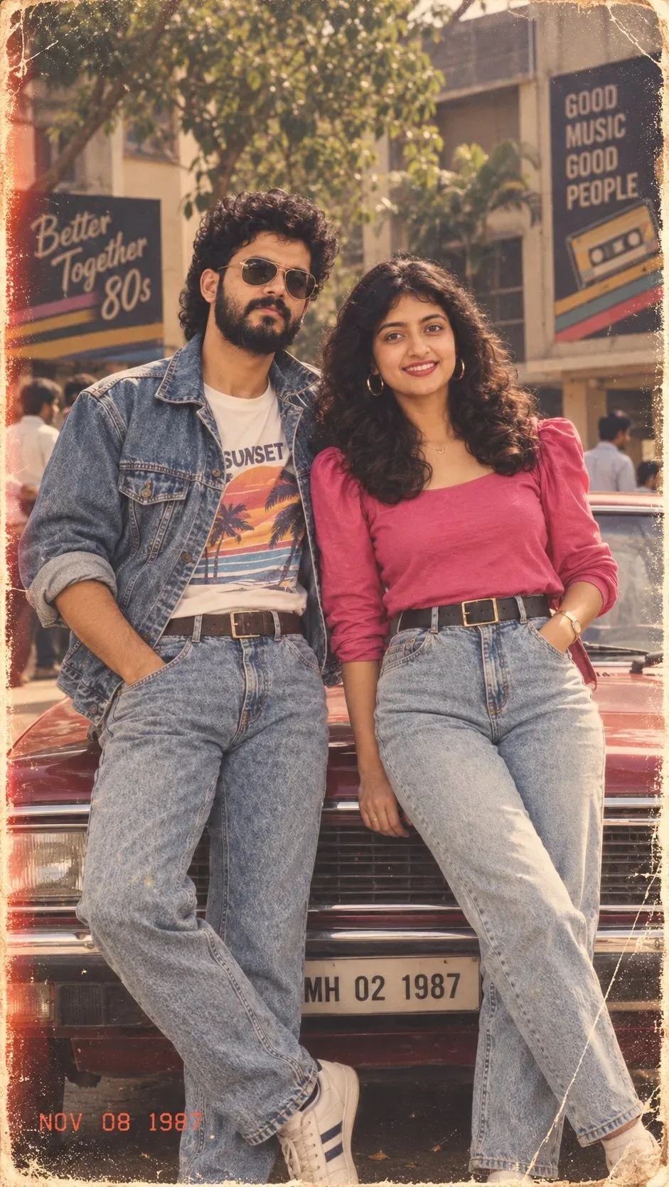 Create an ultra-realistic vertical 4:5 photograph of a completely fictional young Indian couple posing casually together against the front