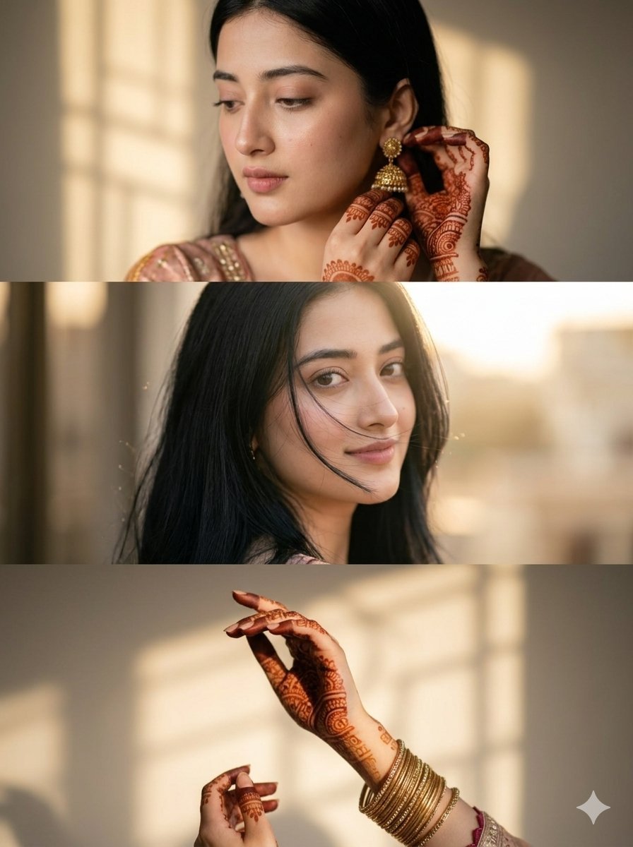 Image using on Gamini Nano Banana pro 2 Prompt: A warm-toned cinematic portrait collage of a South Asian woman in traditional attire,