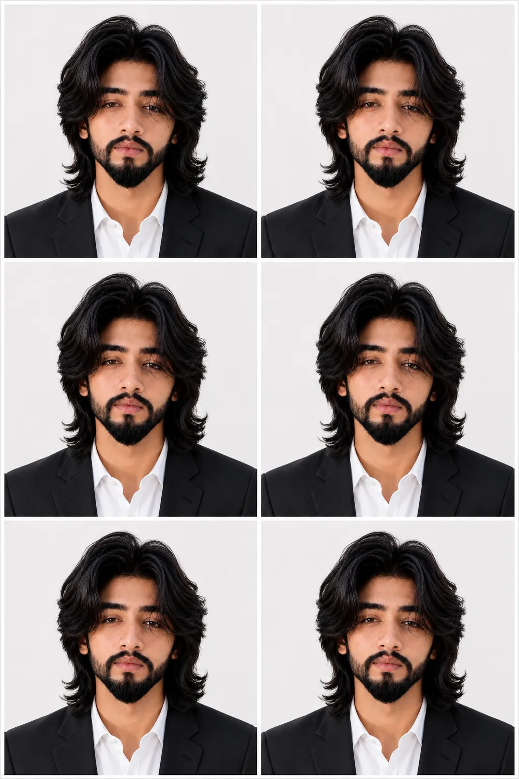 A high-resolution sheet featuring a 2x3 grid of identical passport-sized photographs, totaling six images.