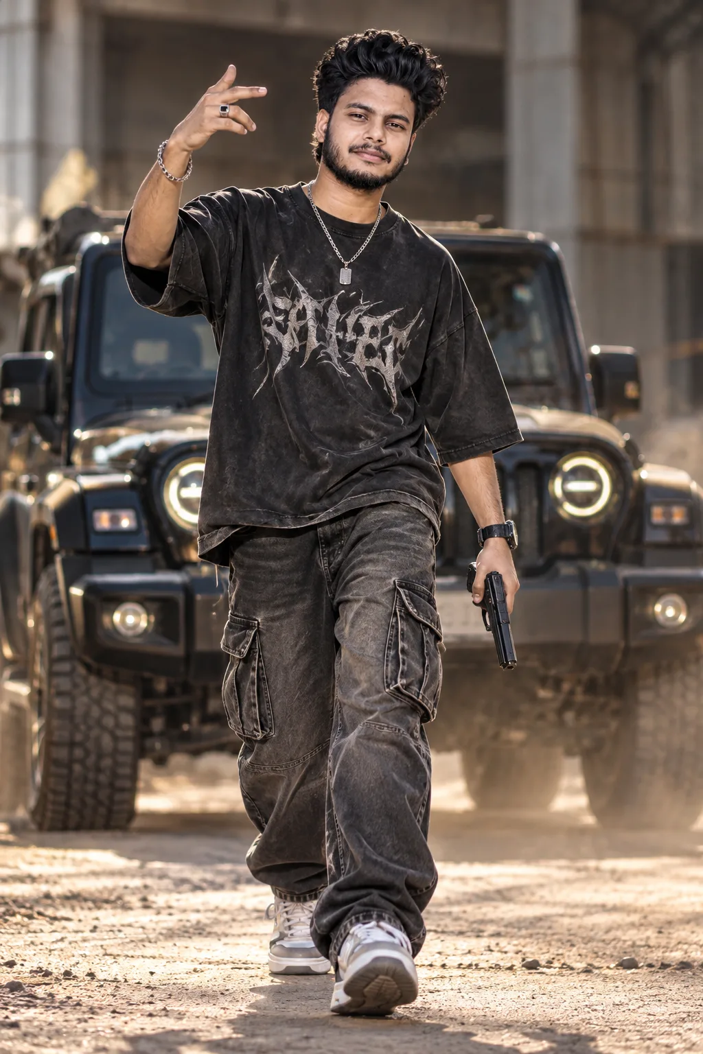 Create an ultra-realistic, cinematic full-body fashion photograph of a young South Asian man confidently walking toward the camera on a