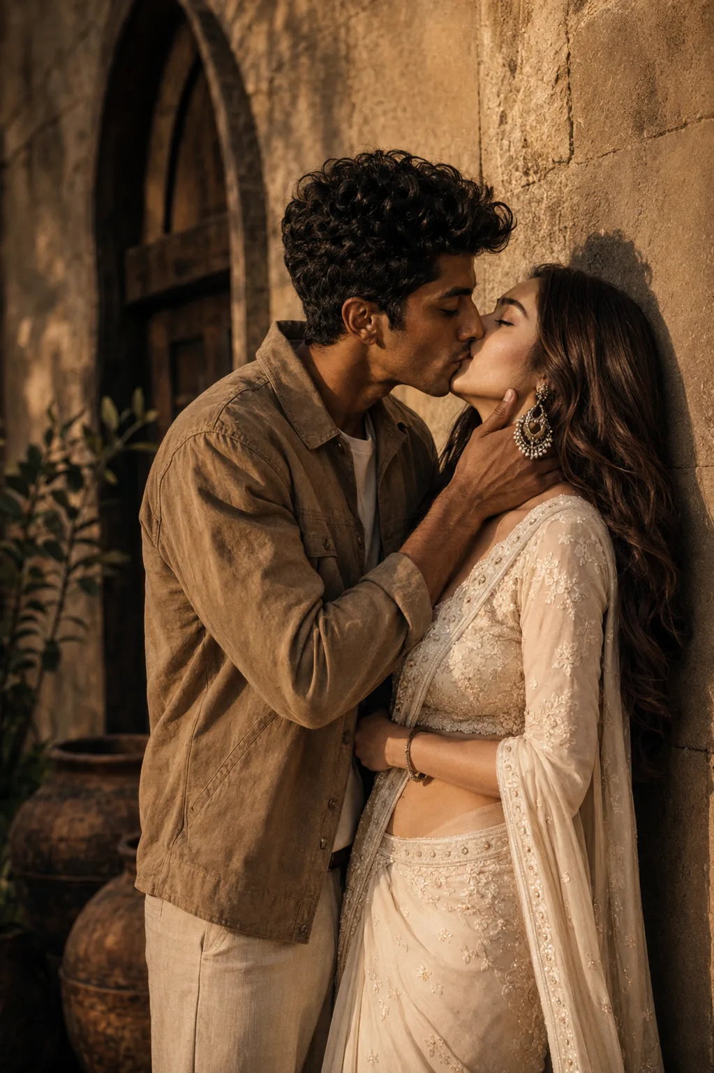 Ultra-realistic cinematic romantic couple portrait, a young South Asian couple sharing a gentle intimate kiss beside an old weathered