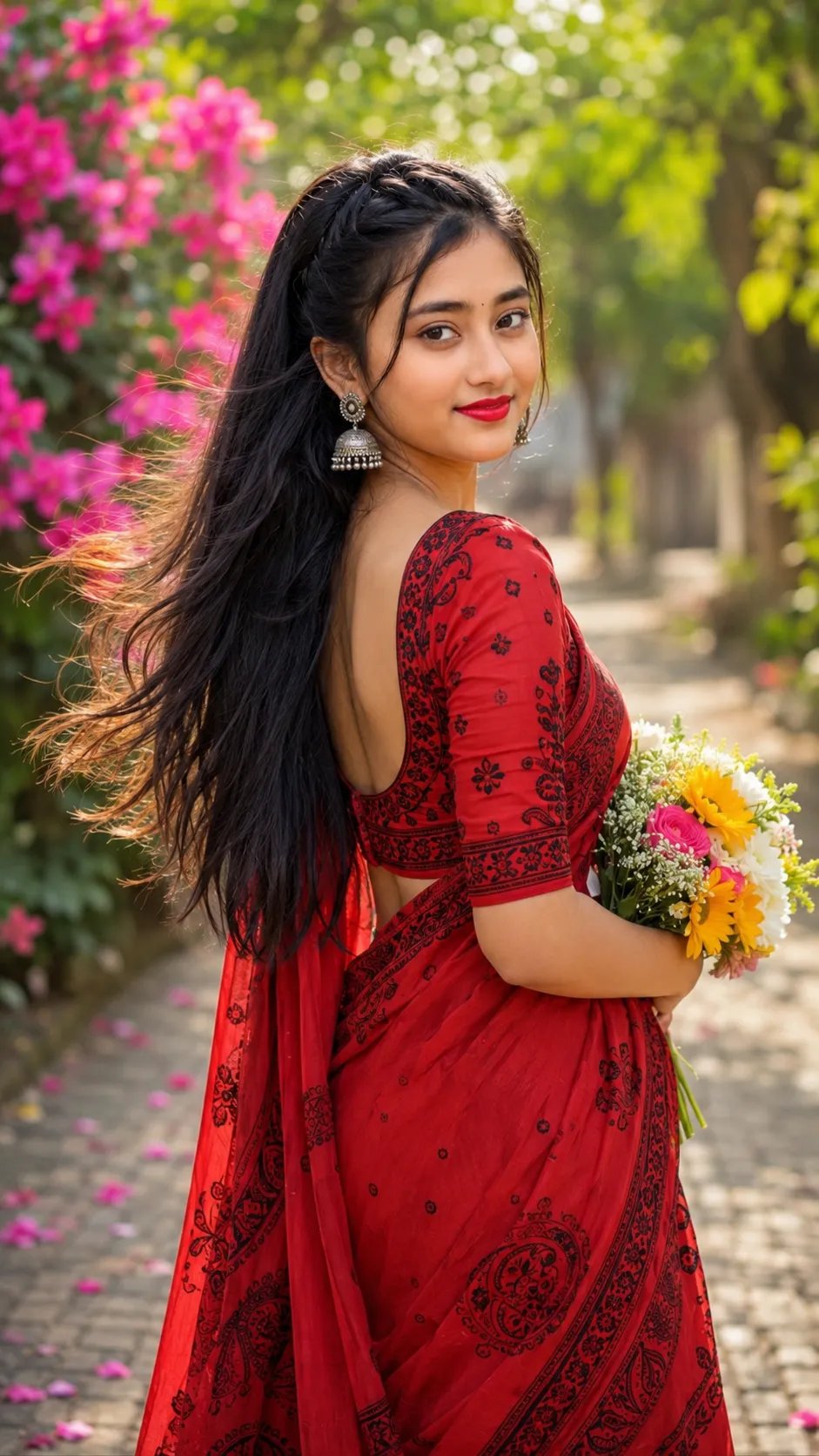Ultra-realistic portrait of a beautiful Asian woman standing on a quiet garden pathway, looking back over her shoulder with a radiant
