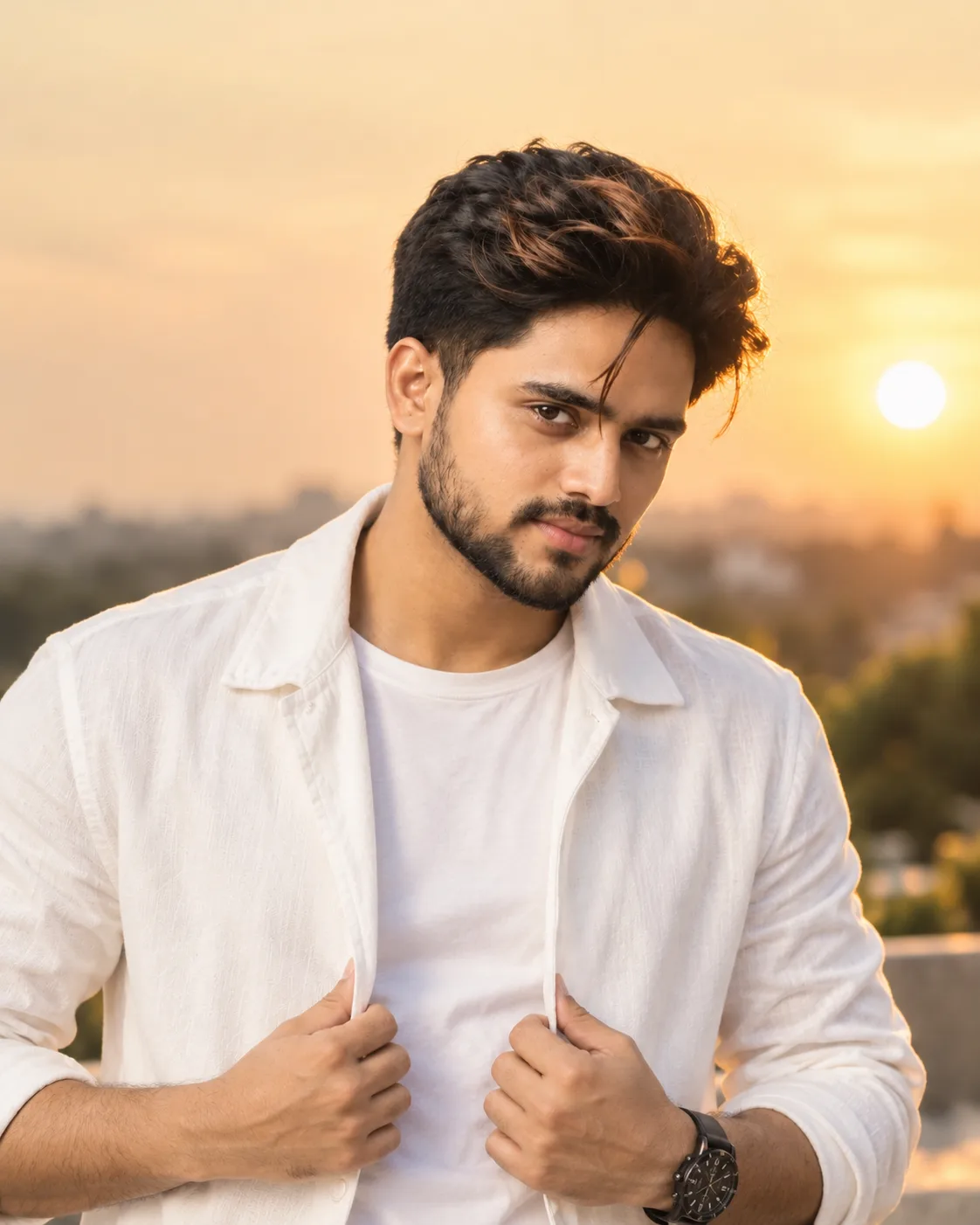 Title: Elegant White Outfit – Soft Sunset Portrait > Ultra-realistic, high-resolution cinematic portrait of a handsome young man, based on