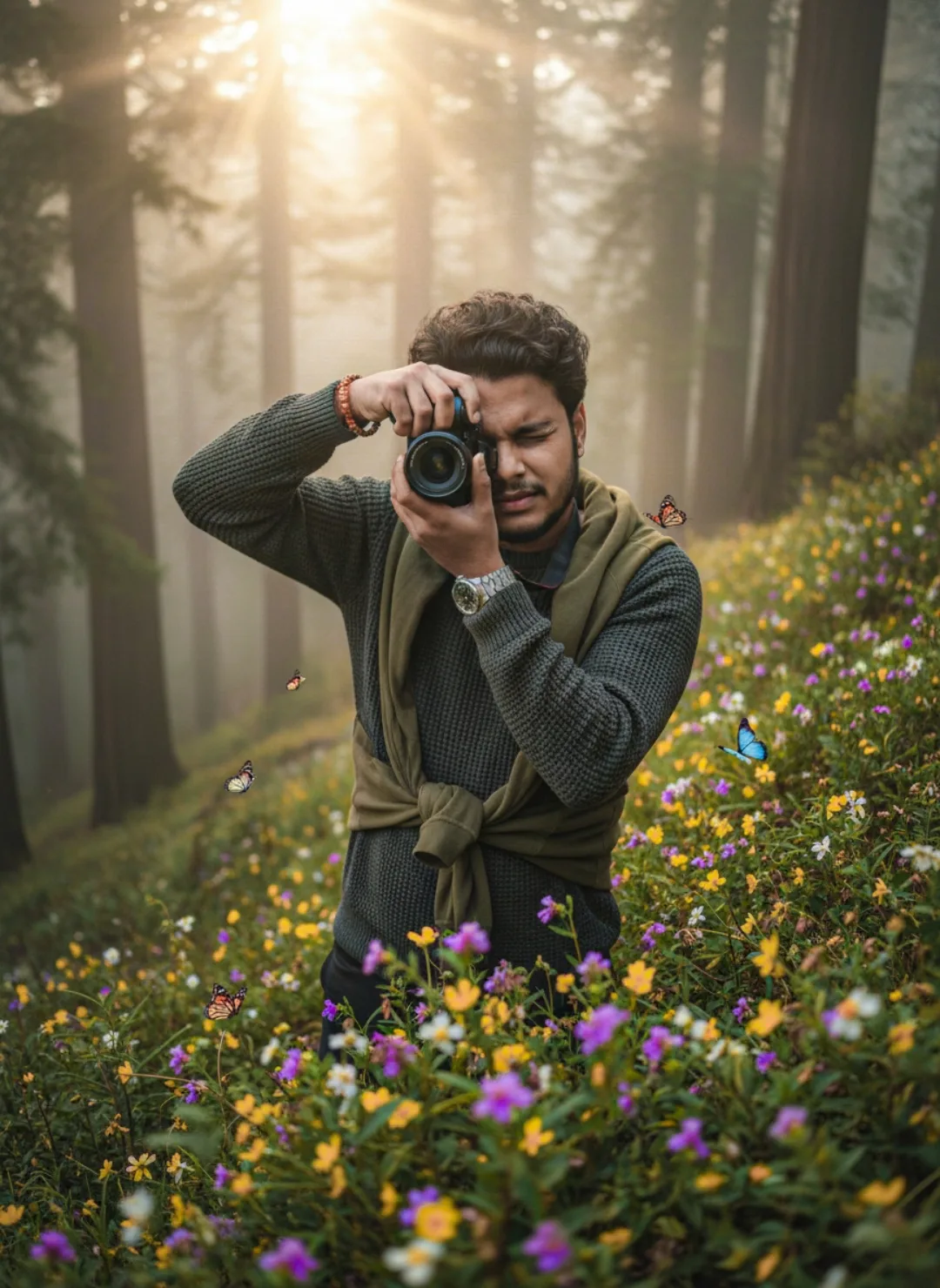 A young South Asian man with curly dark hair and a short beard stands in a misty redwood forest at golden hour, holding a black DSLR camera
