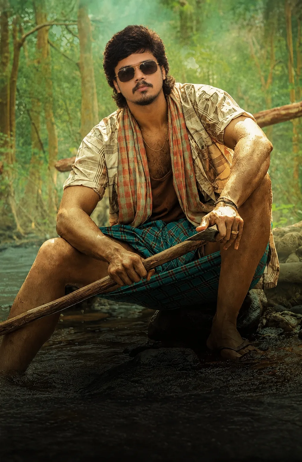 Create an ultra-realistic cinematic vertical 9:16 portrait of a rugged young South Asian man sitting on dark rocks in a shallow forest