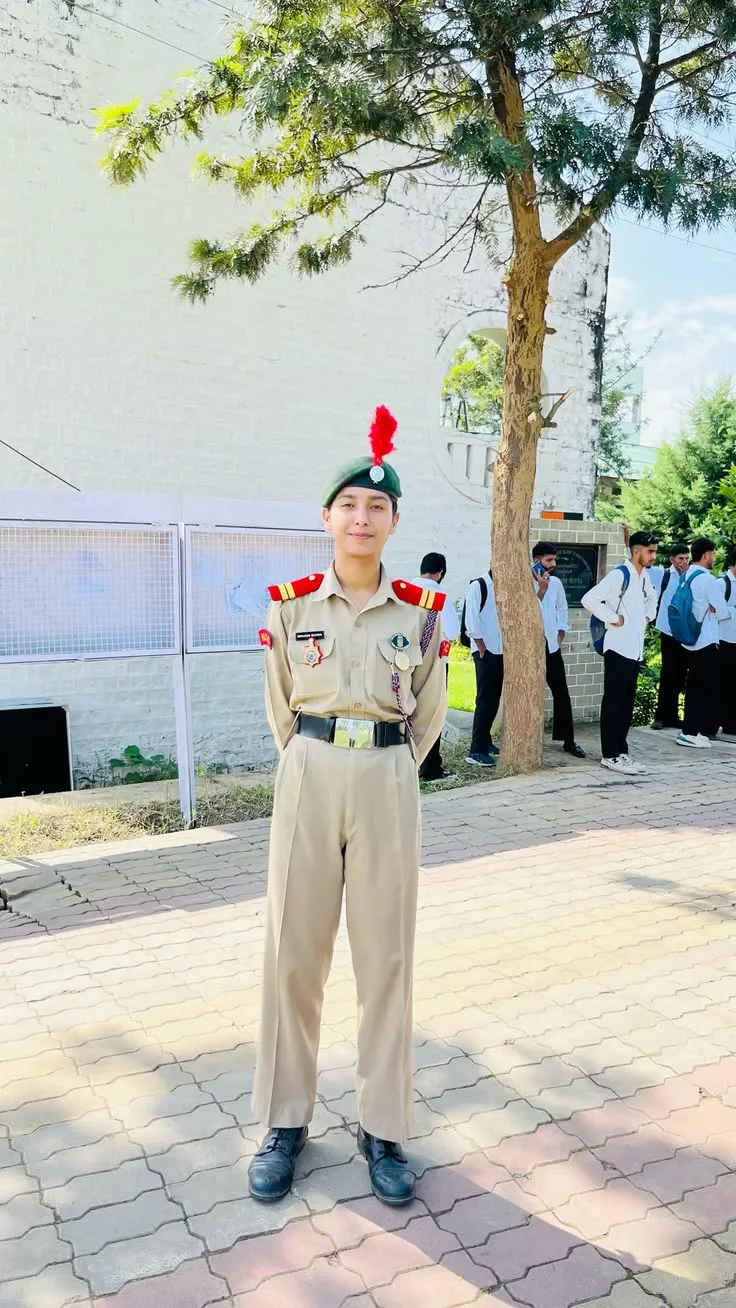 Create an ultra-realistic full-body outdoor portrait of a young Indian female cadet standing confidently in a formal ceremonial uniform on
