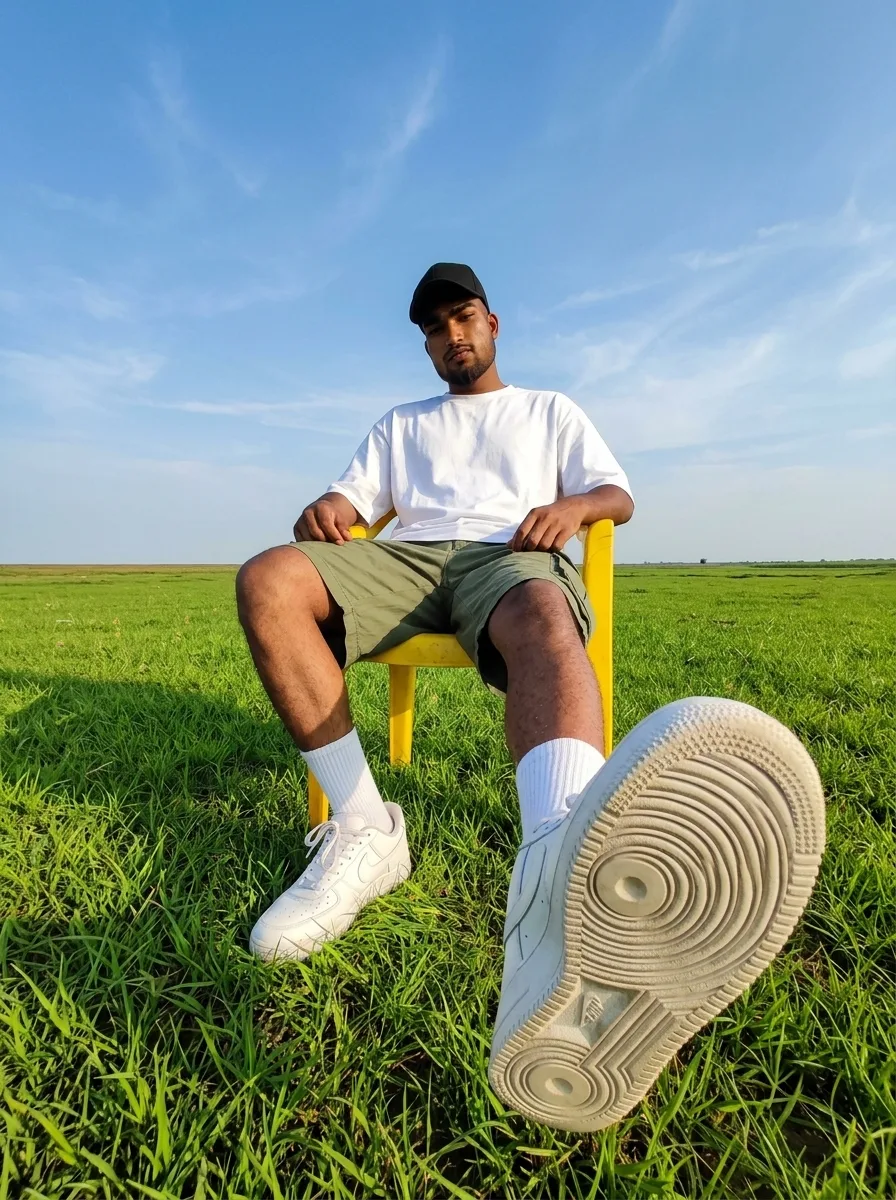 AI Image Prompt Vertical dynamic low-angle perspective portrait of a young man sitting outdoors in an expansive green meadow.