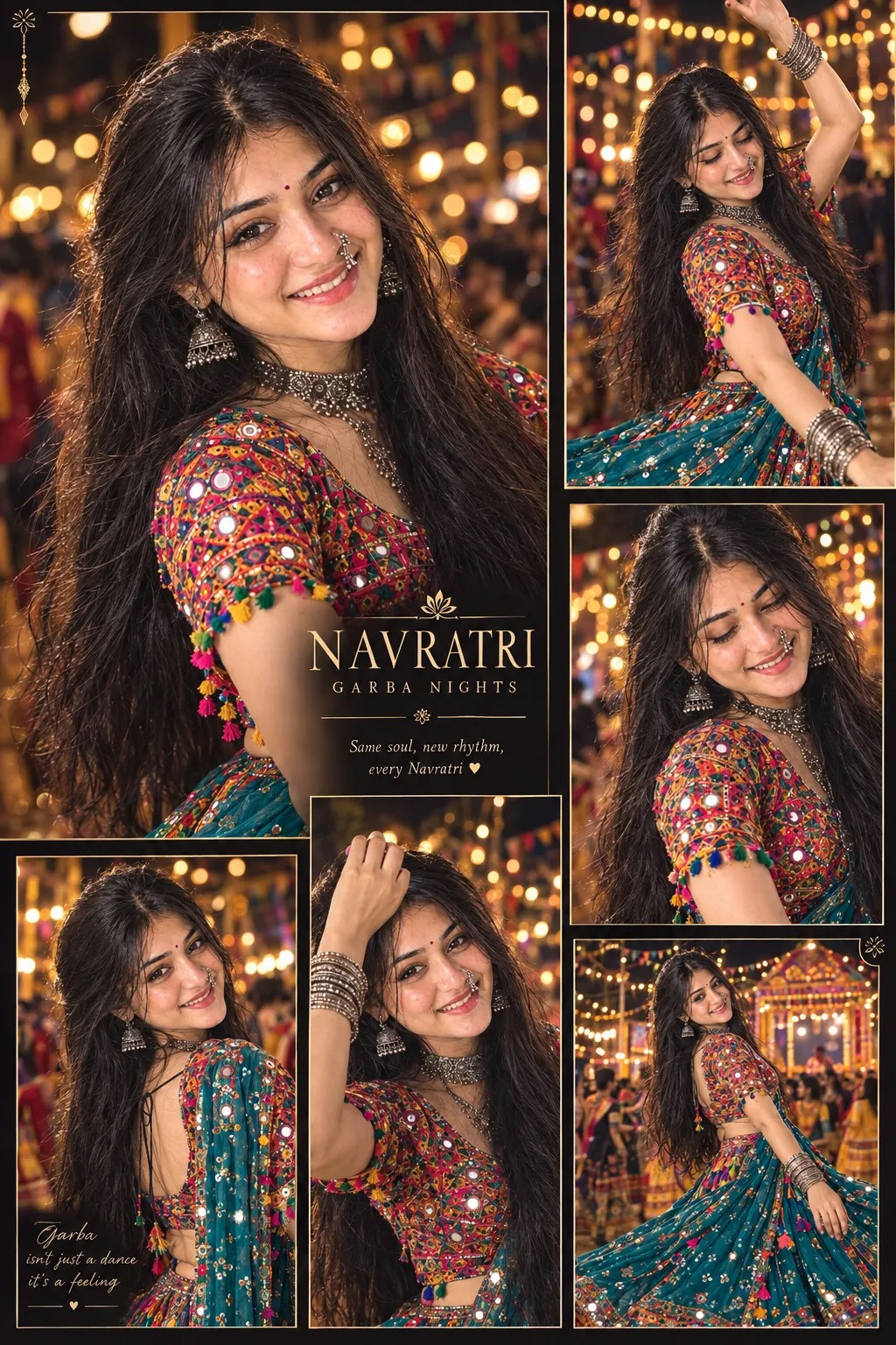 Multi-panel festive collage of a joyful South Asian woman celebrating Navratri Garba night.