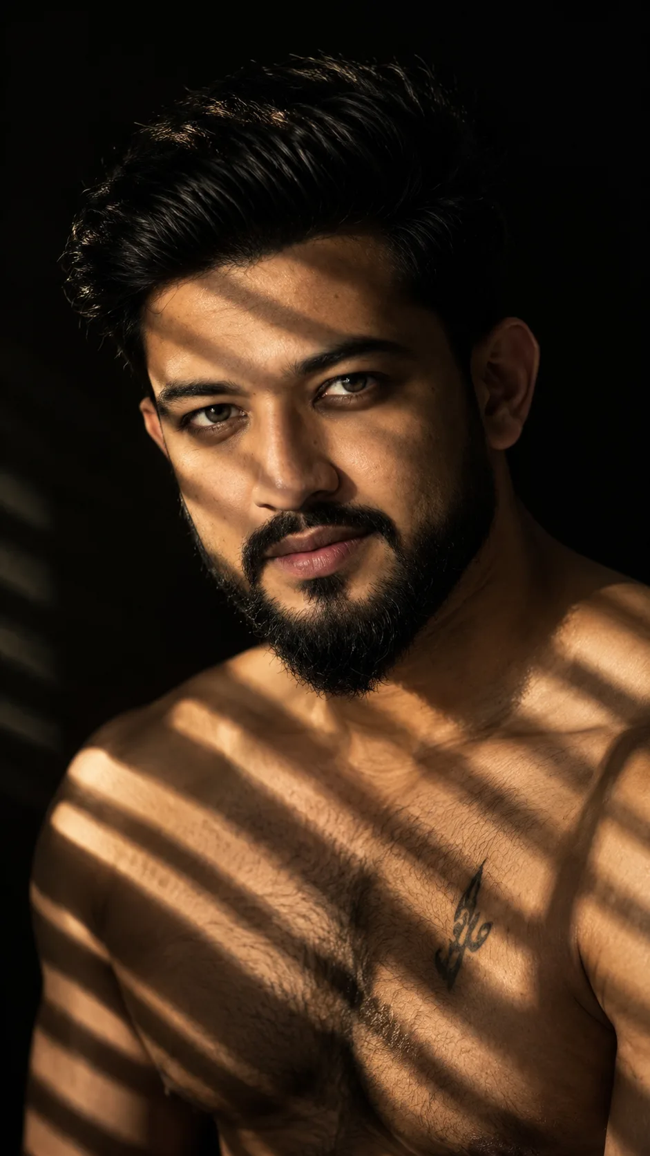 Cinematic 9:16 portrait of a bare-chested man with dark voluminous hair, a full beard, and piercing light eyes, looking intensely brooding.